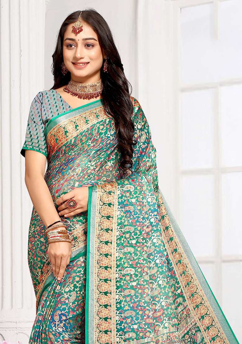 Green Embroidered Brasso Saree Set for Diwali and Festive Wear - Indya